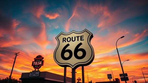 Tulsa Route 66 sign at sunset during a family adventure.
