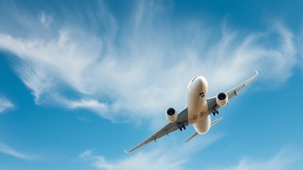 Airline travel news: Modern airplane soaring in blue sky with wispy clouds.