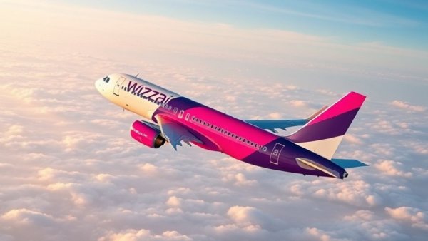 Wizz Air WIZZ Class aircraft flying through sunrise sky