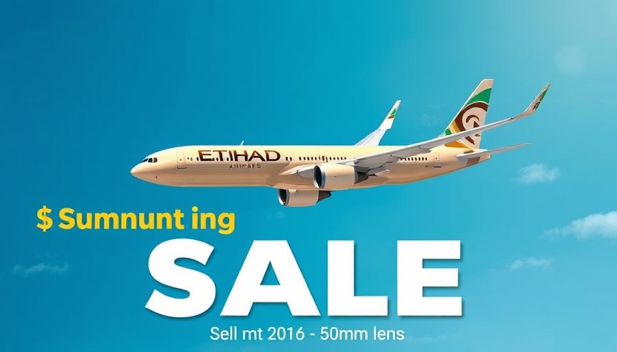 Etihad Airways Summer Sale banner with airplane in clear sky.