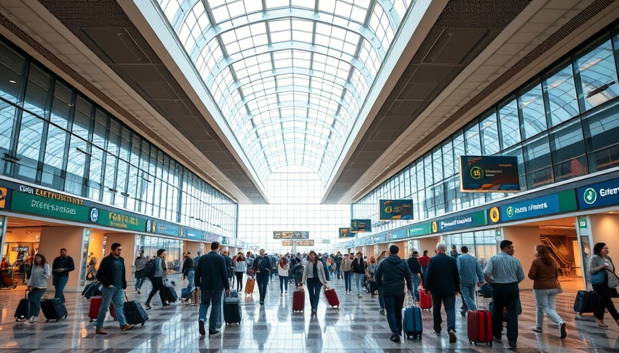 Modern airport terminal emphasizing nonstop flights to Seoul.