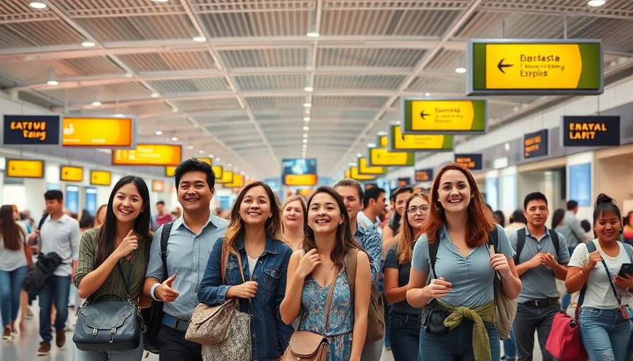 Excited travelers at a bustling airport terminal, travel news.