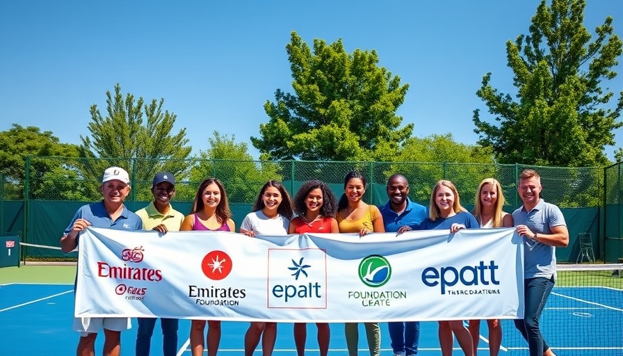 Emirates and USTA Foundation tennis courts event with group holding banner.