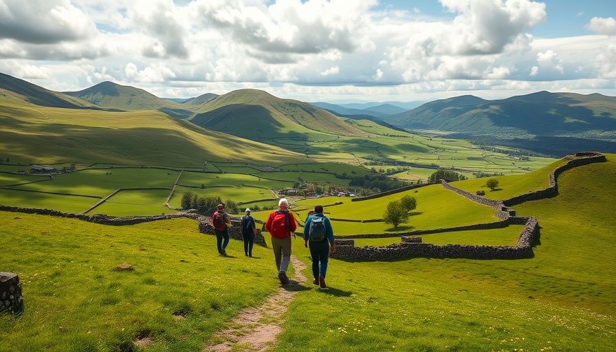 Group hiking in the scenic Lake District, summer activities.