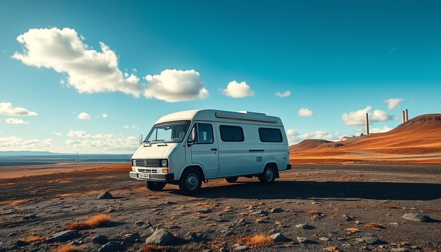 Classic campervan on rugged terrain, Iceland backdrop