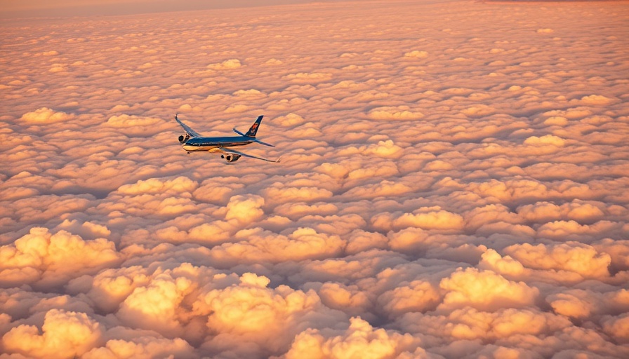 Airplane flying above clouds during sunset, related to travel news.