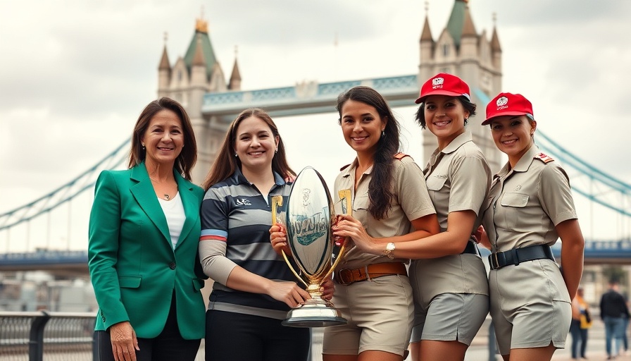 Group photo with Women's Rugby World Cup trophy at Tower Bridge