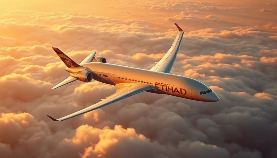 Etihad Airways aircraft cruising above clouds during sunset