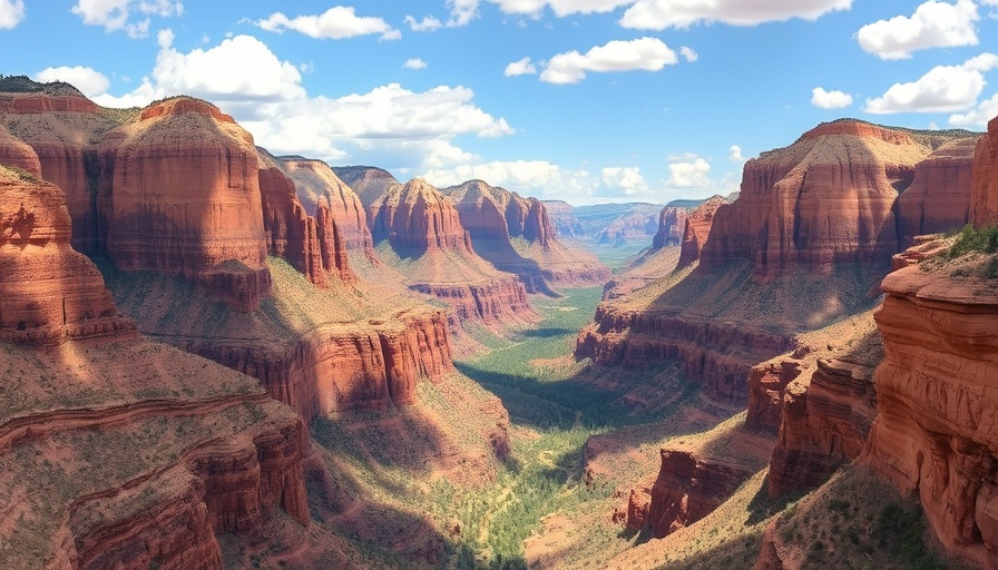 Panoramic view of Zion National Park's red rock cliffs and canyon on a sunny day.