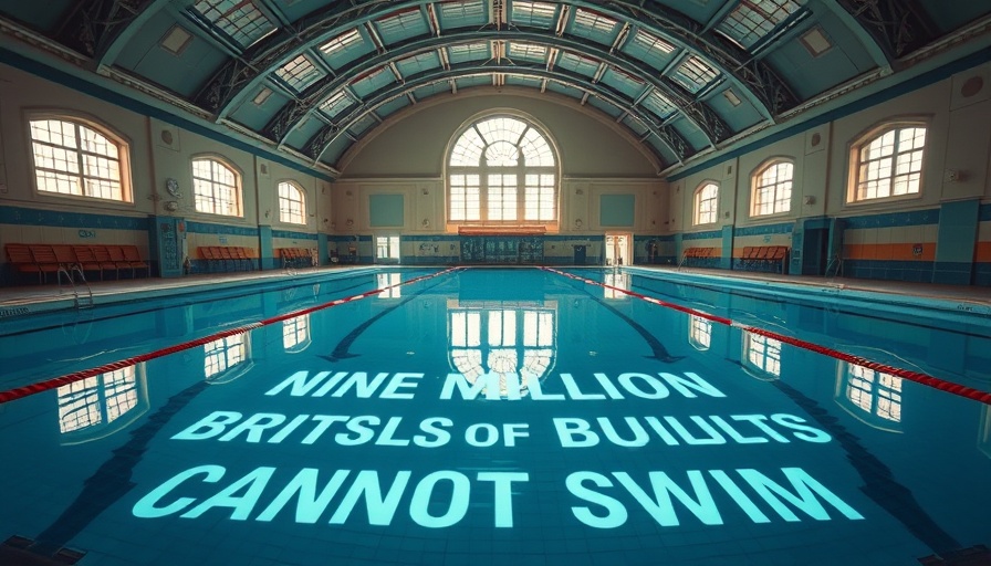 Empty pool highlighting swim gap in water safety education with text projection.