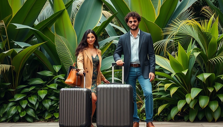 Stylish couple with luxury luggage in lush garden setting.