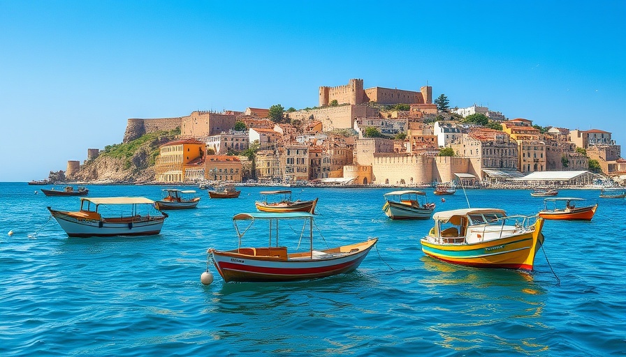 Colorful boats on sea near ancient fortress, new routes.