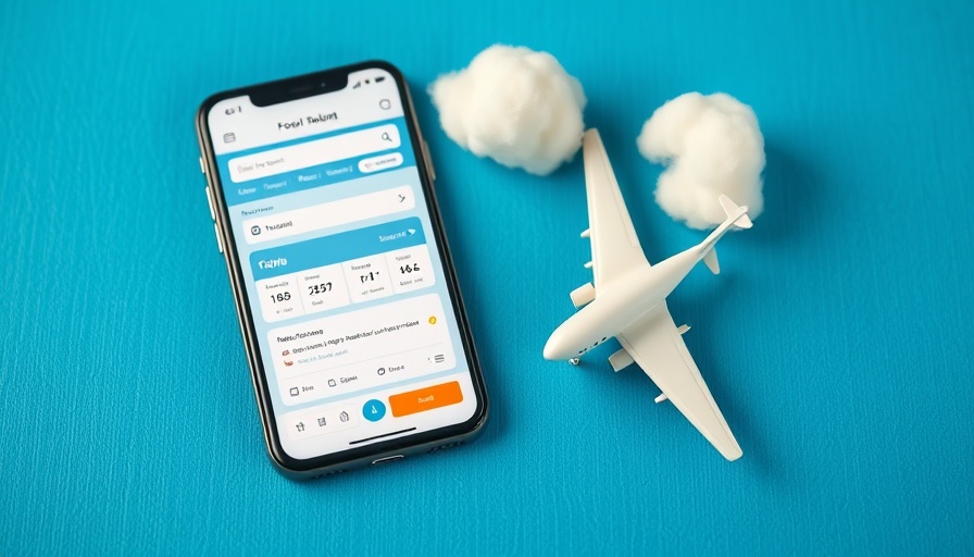 Mobile phone with travel app and toy airplane on blue background, traveling cheaply