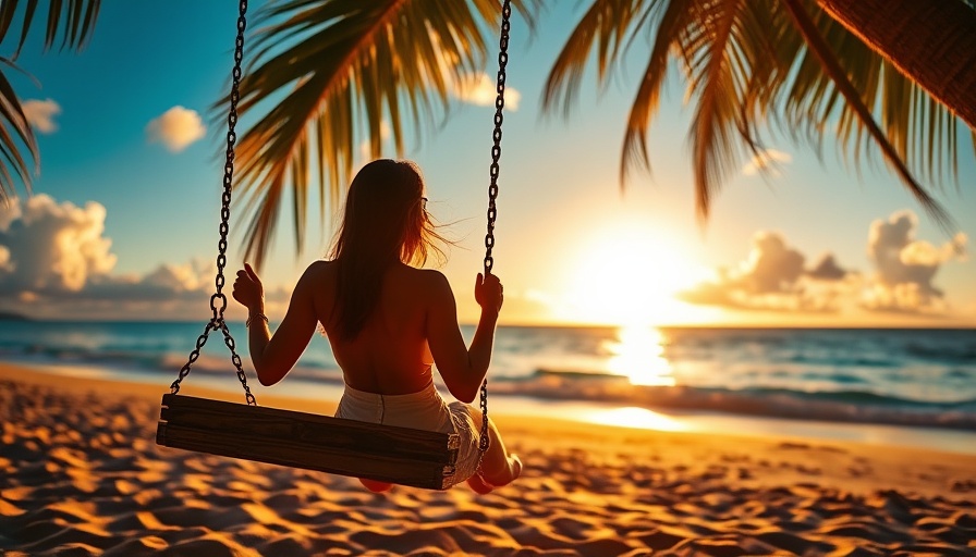 Tropical beach sunset scene featuring a woman on a palm tree swing; British Airways reward routes.