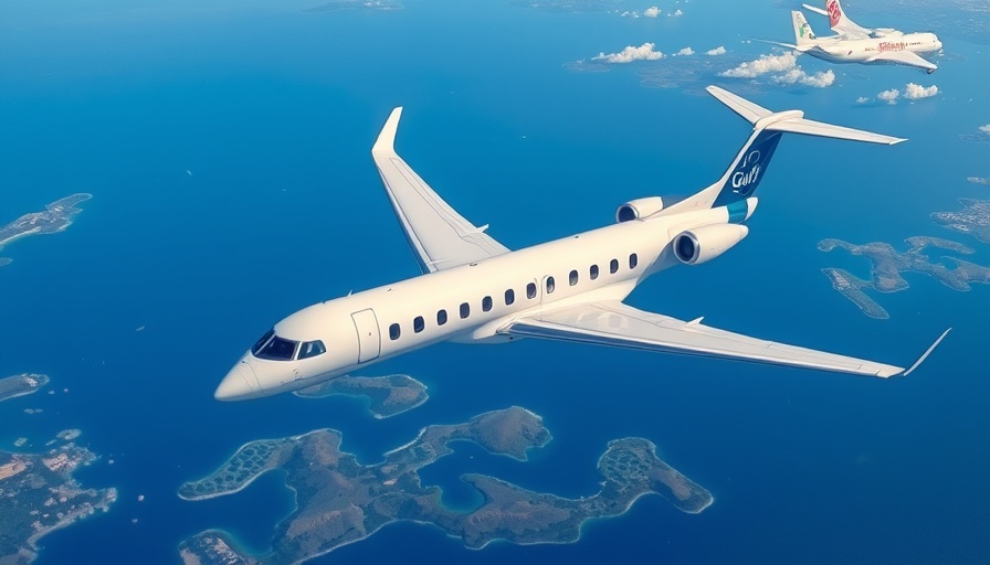 Gulf Air Dreamliner flying over coastal islands, showcasing elegance.