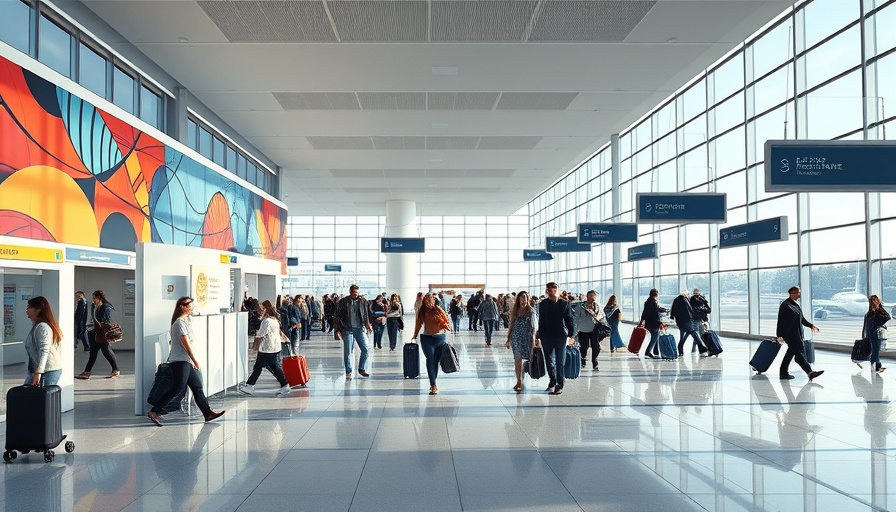 Modern airport terminal with travelers reflecting on polished floor; family travelling.