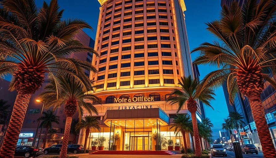 Elegant hotel facade with vibrant night lighting, ideal for travelling cheaply tips.