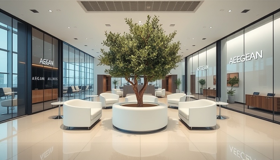 AEGEAN Airlines Business Lounge with modern design and central tree.