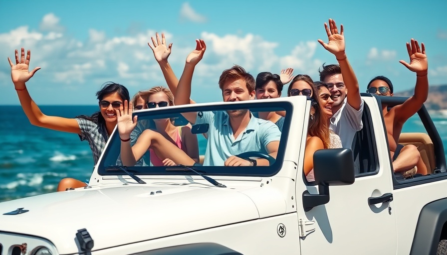 Young friends celebrate travel news US in a jeep by the beach.