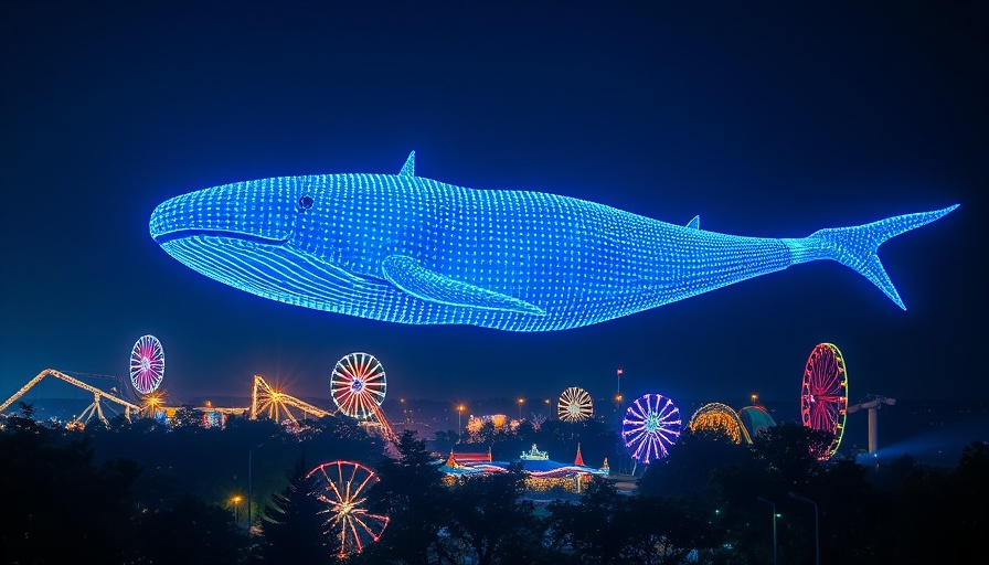 Summer Spectacular Nighttime Fireworks Show with drone display of whale shape over amusement park.