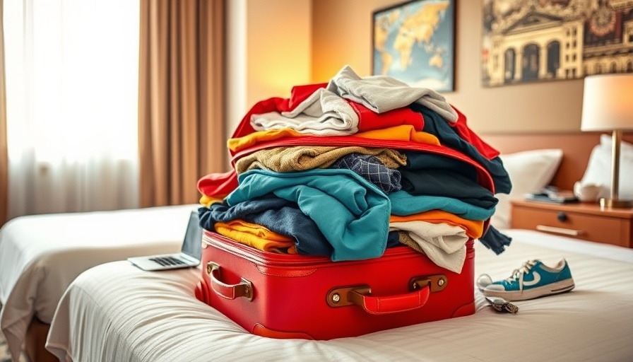 Overstuffed suitcase for family travel on hotel bed, packing chaos.