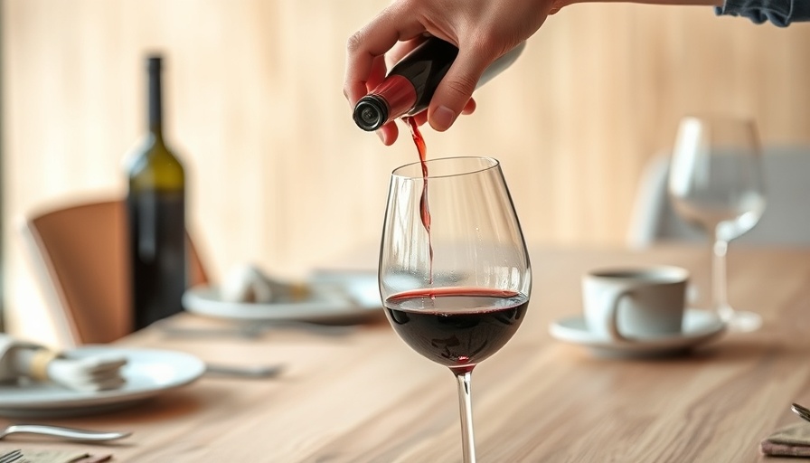 Hand pouring red wine into a glass on a South Ionian dining table.