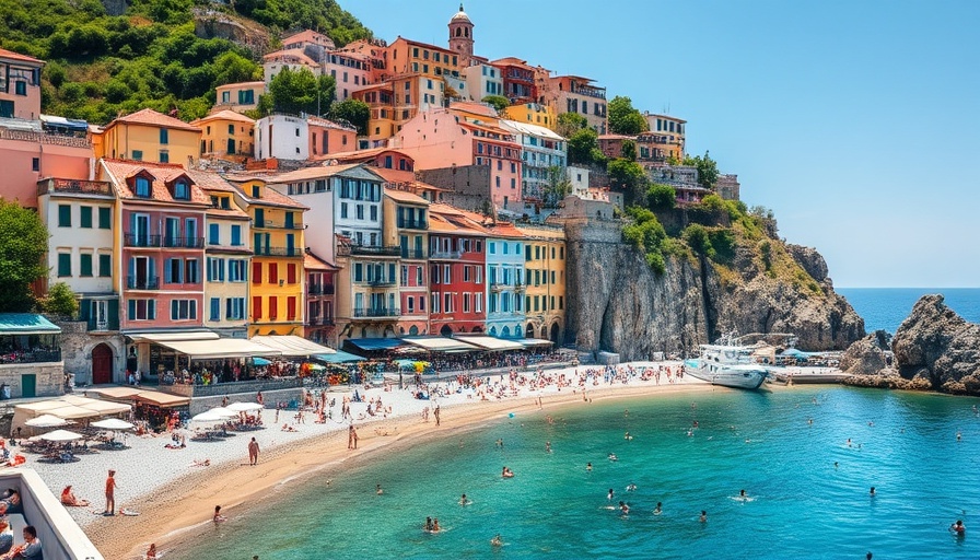 Scenic coastal town in Italy with sunbathers and colorful hillside homes.
