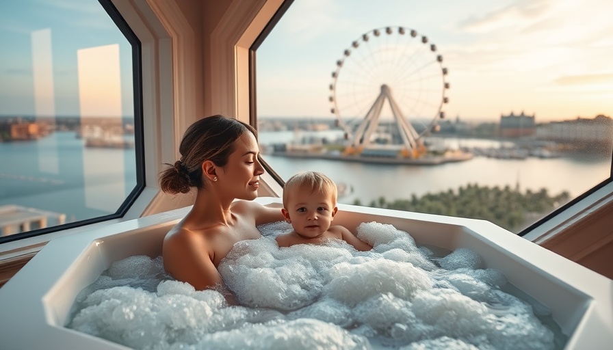 Mother and child in bath with scenic view of Ferris wheel, best destination for vacation.