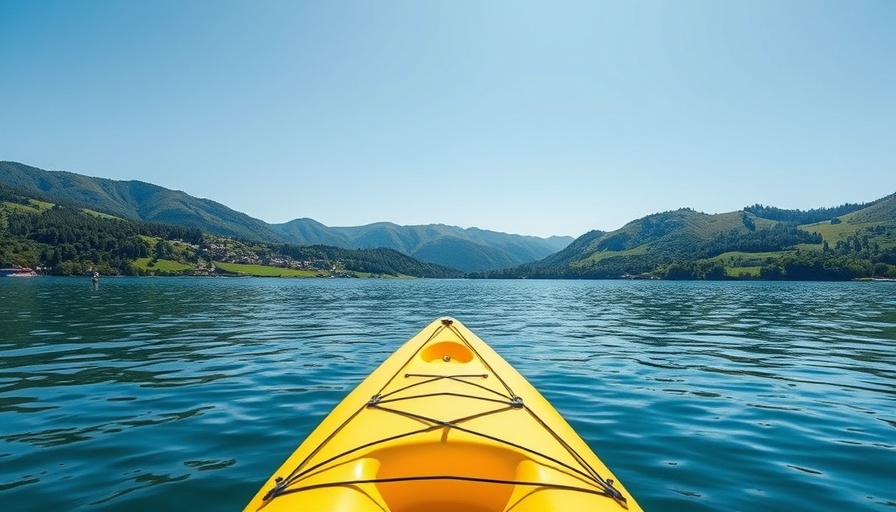 Inflatable kayaks for solo travelers on a tranquil lake with green hills.