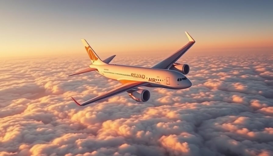 Riyadh Air airplane soaring above clouds at sunrise, representing Riyadh Air Amadeus Agreement.