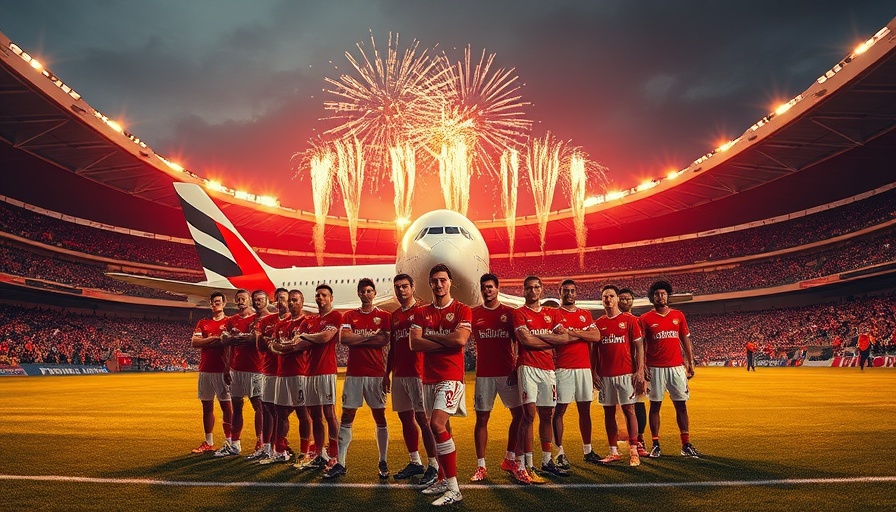 Travel news: Soccer team with Emirates A380 backdrop at stadium.