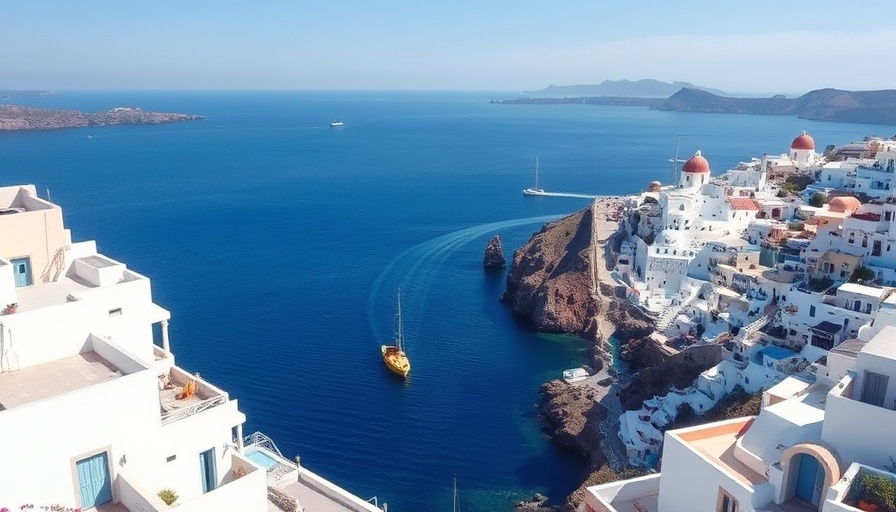 Scenic coastal view in Santorini with white buildings and ocean.