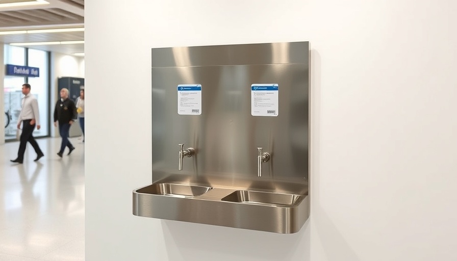 Modern water refill station with dual fountains on white wall