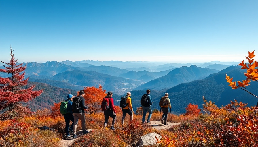 Adventure travel in Europe: Hikers on scenic mountain trail with autumn foliage.