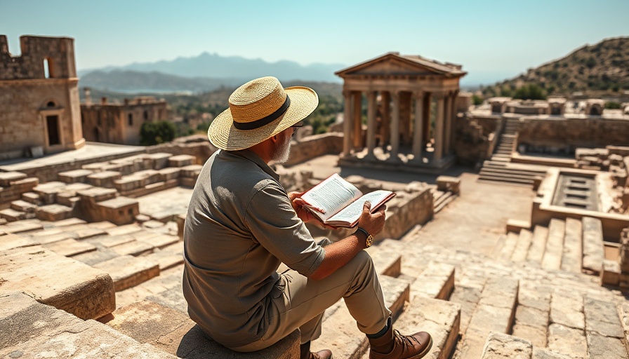 Man exploring ancient ruins deciding on how to choose travel destination.