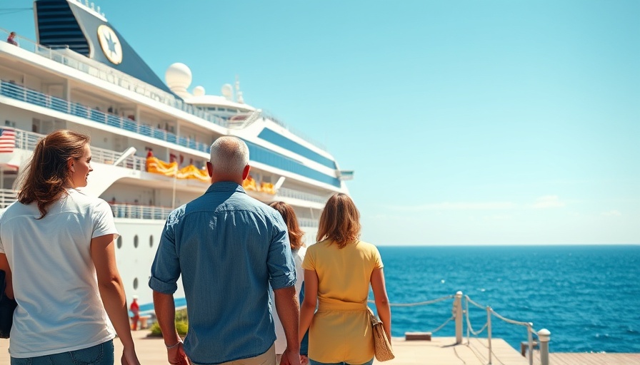 Family approaches cruise ship, considering travel destination.