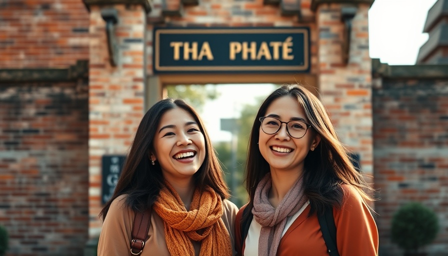 Two women embrace in front of Tha Phae Gate, promoting Thailand safe for women travelers.