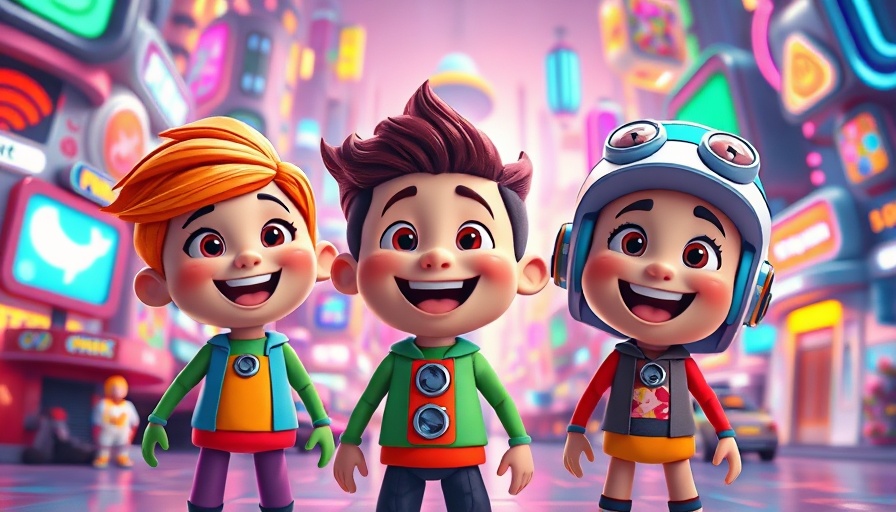 Vibrant cartoon characters in futuristic setting, back to school savings.
