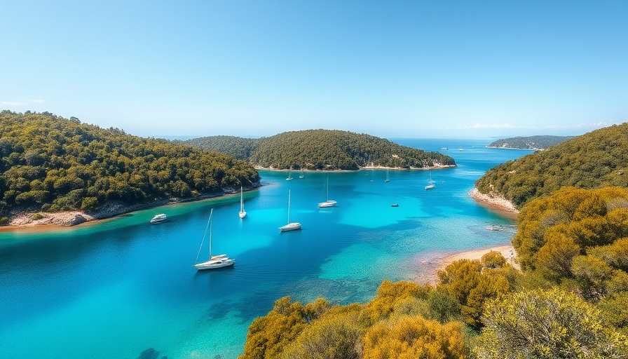 Peaceful bay with boats under a blue sky, sustainable travel backpacks context.