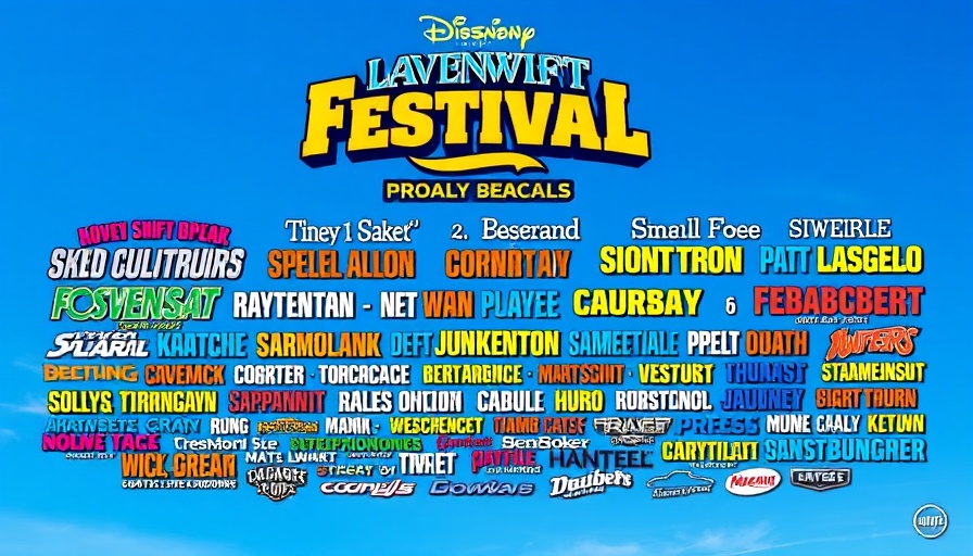 Colorful festival poster with band line-ups and clear sky background.