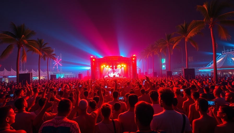 Energetic cultural event with DJ and crowd under colorful lights.