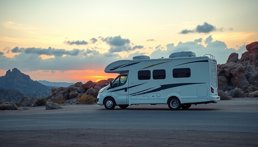 RV safe storage tips: parked RV at sunset in a serene rocky landscape.