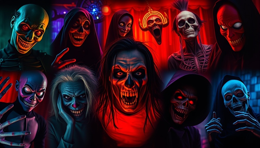 Collage displaying technology behind haunted attractions with spooky characters.