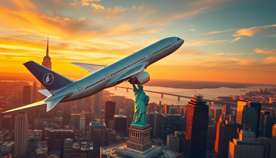 Boeing 787 Dreamliner soaring over Statue of Liberty, NYC skyline.