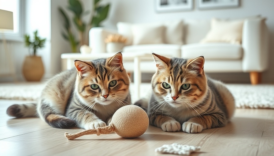 Two British Shorthair cats with a toy in a bright living room.