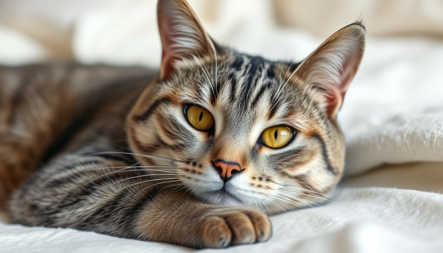 Gray tabby cat lying on a white blanket, Why cats lose weight suddenly indicator.