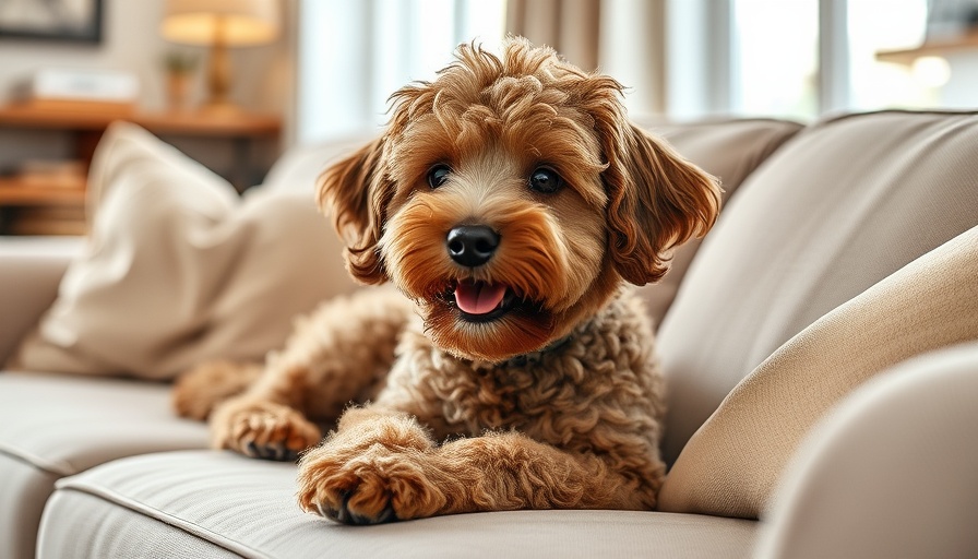 Playful doodle dog lounging on sofa in cozy living room.