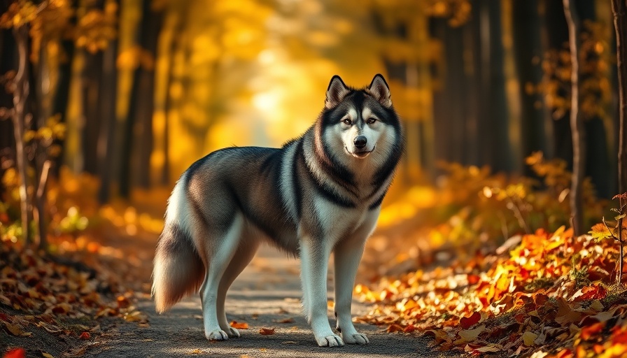 Majestic Alaskan Malamute standing in a forest path with autumn leaves