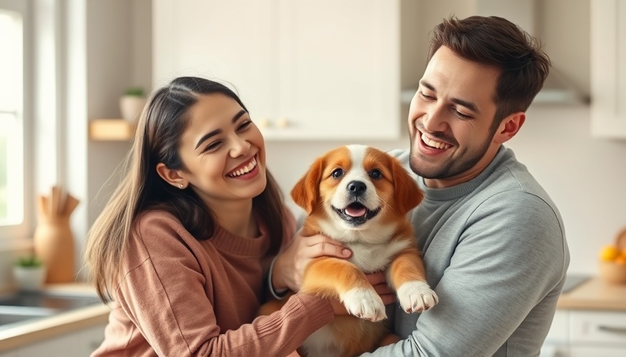 Happy family enjoying time with their puppy in a cozy kitchen.