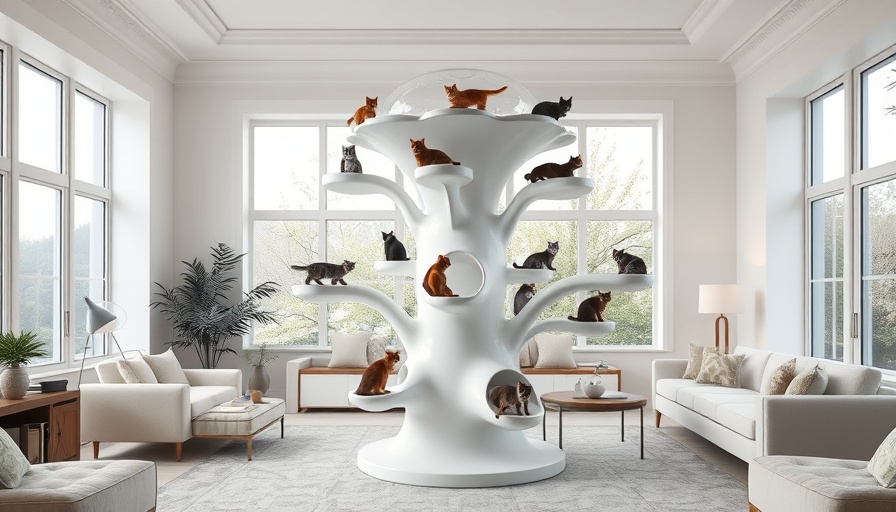Jellyfish Cat Tree in a modern living room setting with cats.